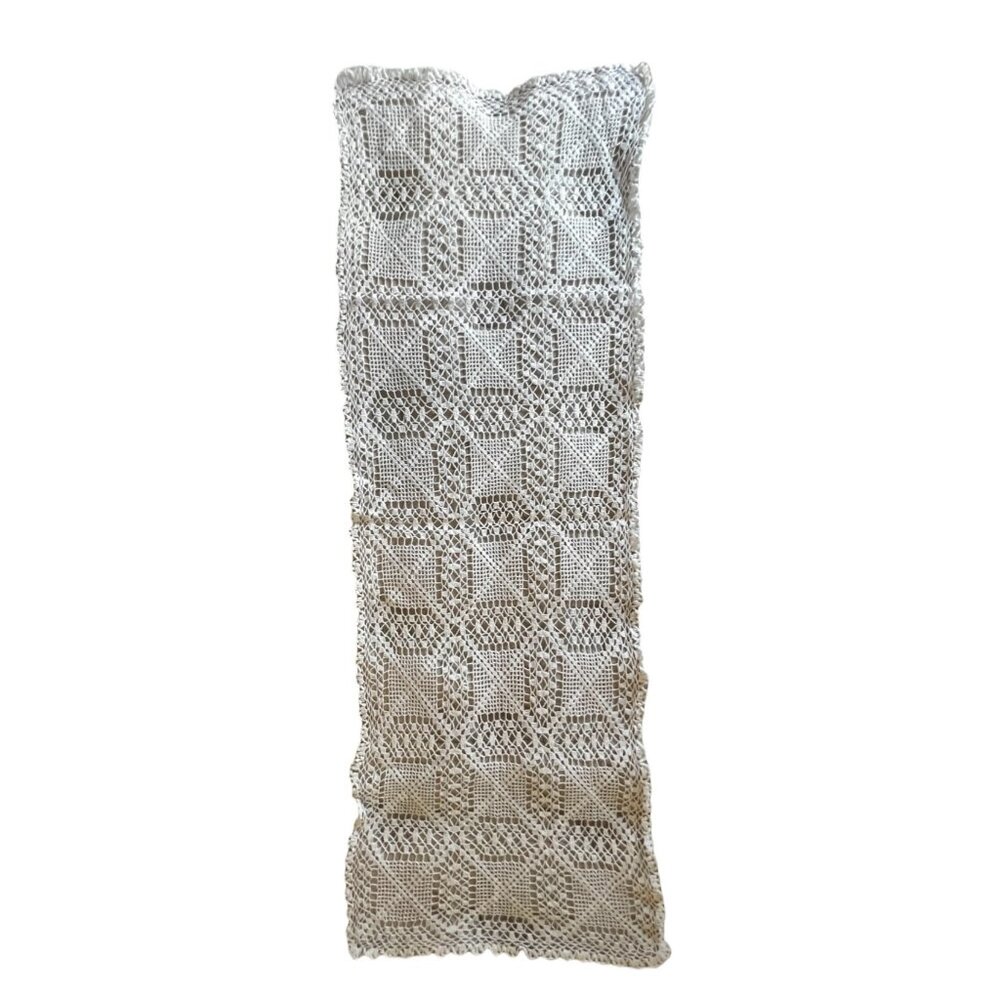 Hand-Crocheted White Lace Table Runner Dresser Scarf Shawl 51x17 Granny core VTG